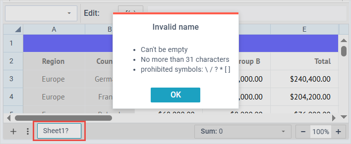 Custom warning on incorrect sheet name