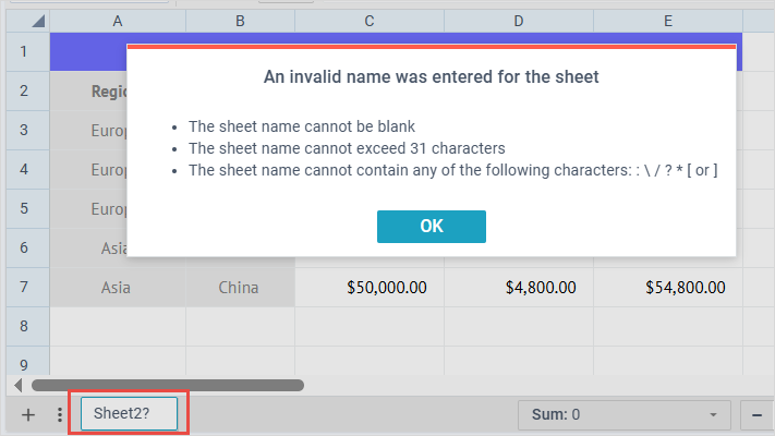 Warning on incorrect sheet name